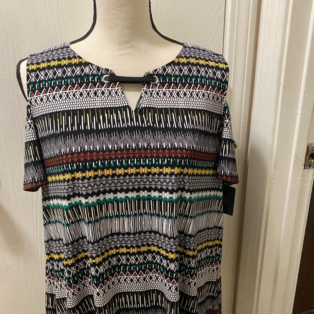 Rafaella Black and White Patterned Blouse with Green and Yellow Accents